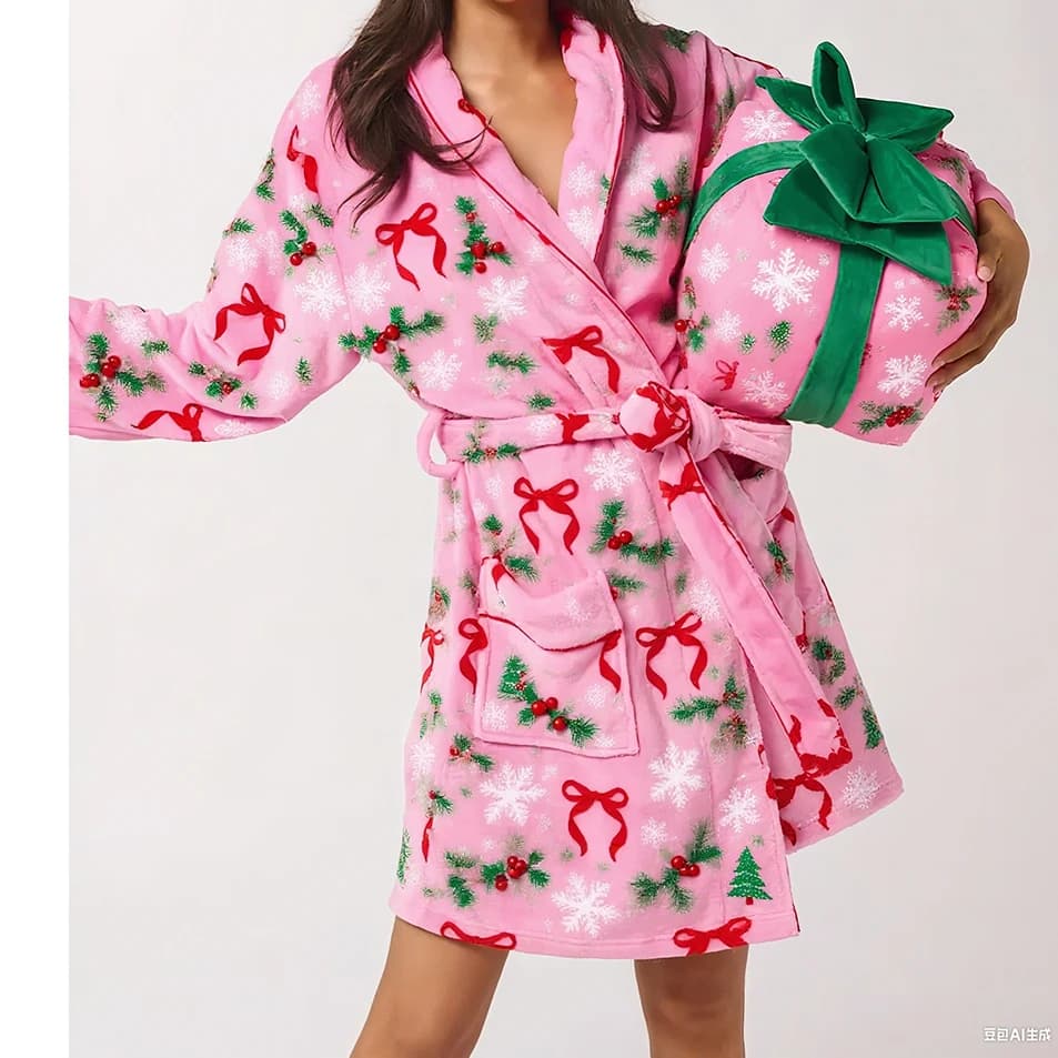 Christmas Women Robe, Cute Bow/Plaid/Stripes Soft Warm Long Sleeve Bathrobe with Waist Belt Loungewear