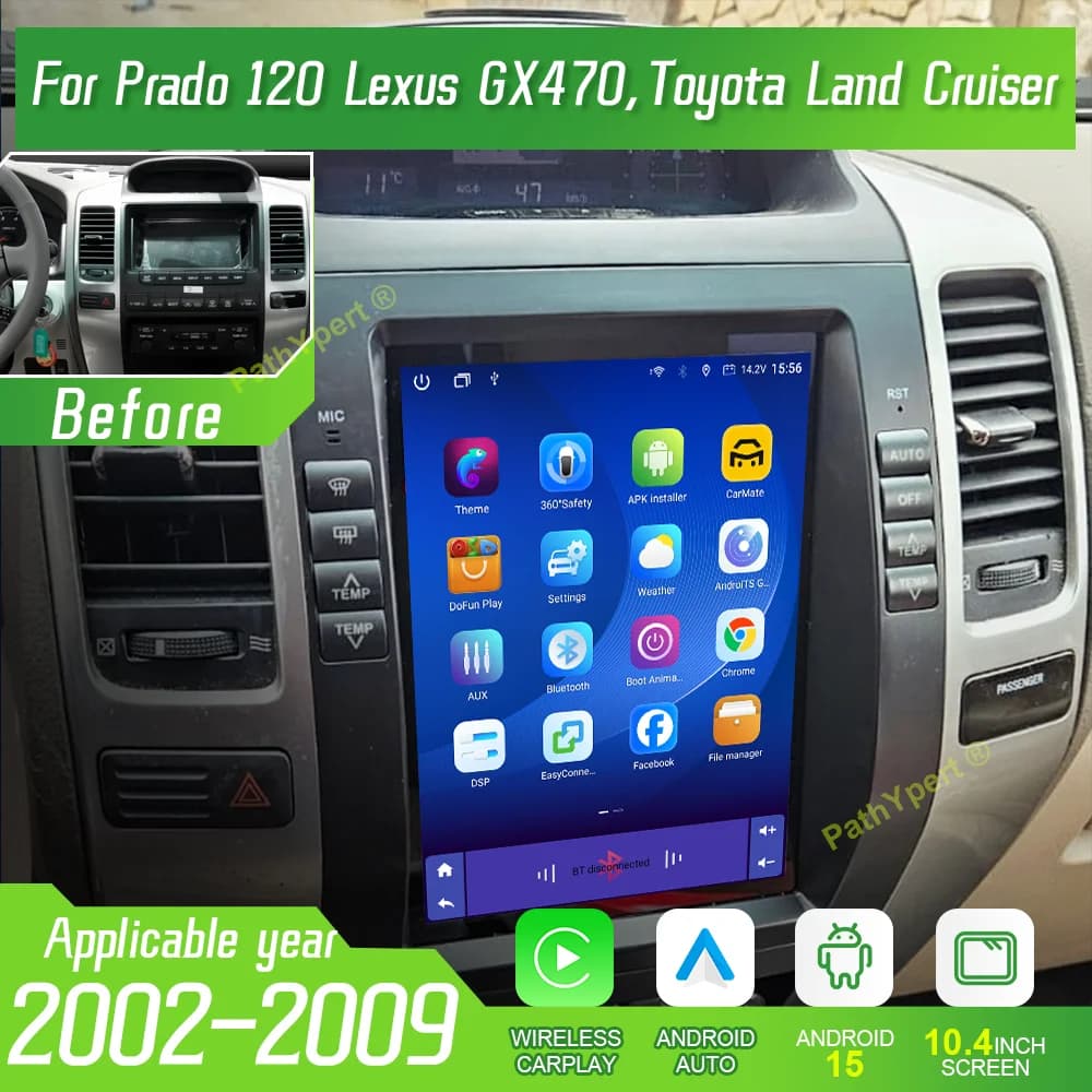 Autoradio Android 15 da 10.4'' per Toyota Land Cruiser Prado 120 Lexus GX470 (2002-2009) - Lettore Multimediale Bluetooth 4G