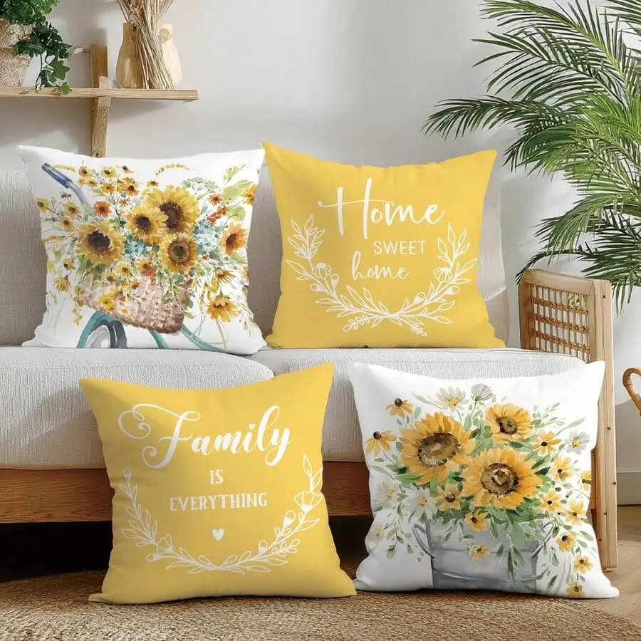 4pcs Watercolor Yellow Sunflower & Bicycle "Sweet Home" Decorative Pillow Case Set, Single-Sided Printed Peach Velvet,