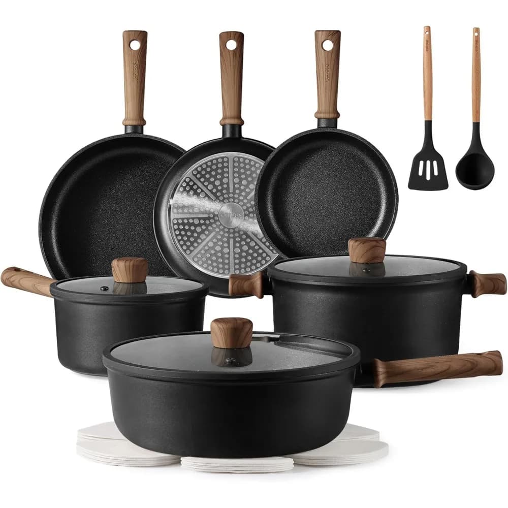 16-piece non-stick induction cookware set: pan, without PFOS and PFOA, black