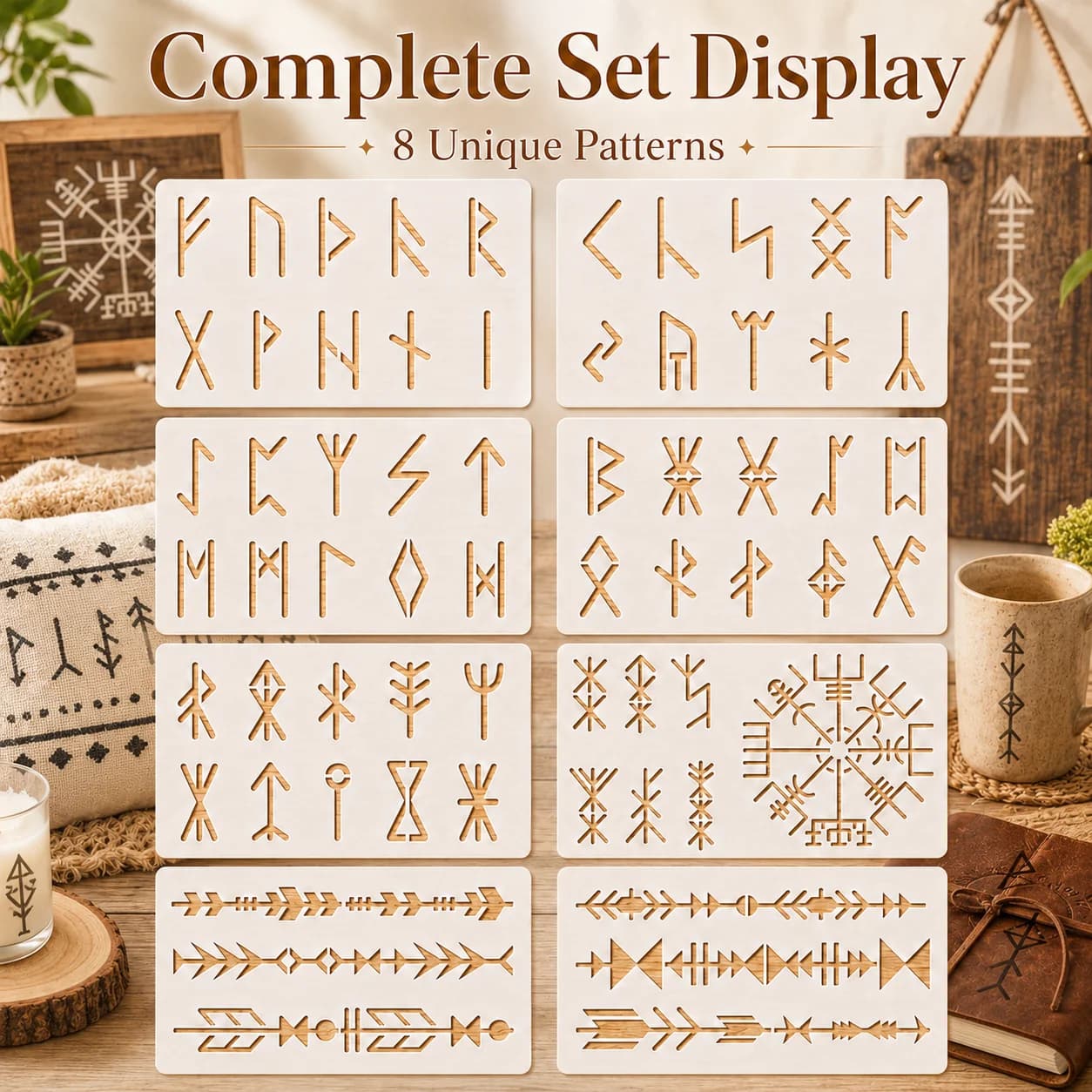8Pcs Viking Rune Stencils Reusable PET Painting Templates Norse Symbol Arrow Border DIY Wood Wall Fabric Journal Scrapbook Decor