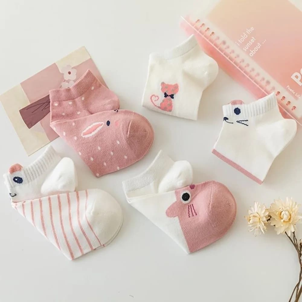 5 Paia di Calzini Corti Traspiranti a Righe, Dolci e Kawaii, Calzini Morbidi con Fiocco a Forma di Gatto, Regalo Ideale
