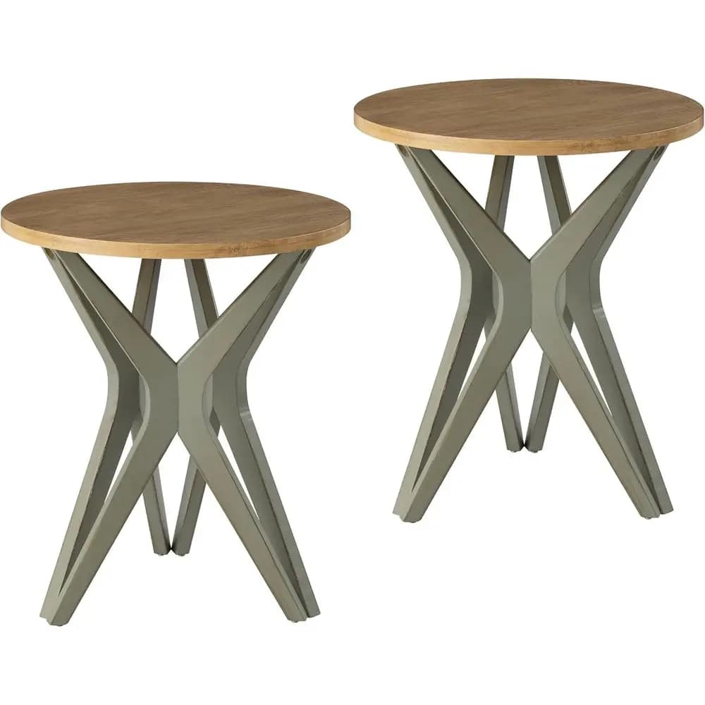 Set di Tavolini Rotondi Verde Salvia con Base a Treppiede e Finitura Anticata per Camera da Letto o Soggiorno, Stile Boho