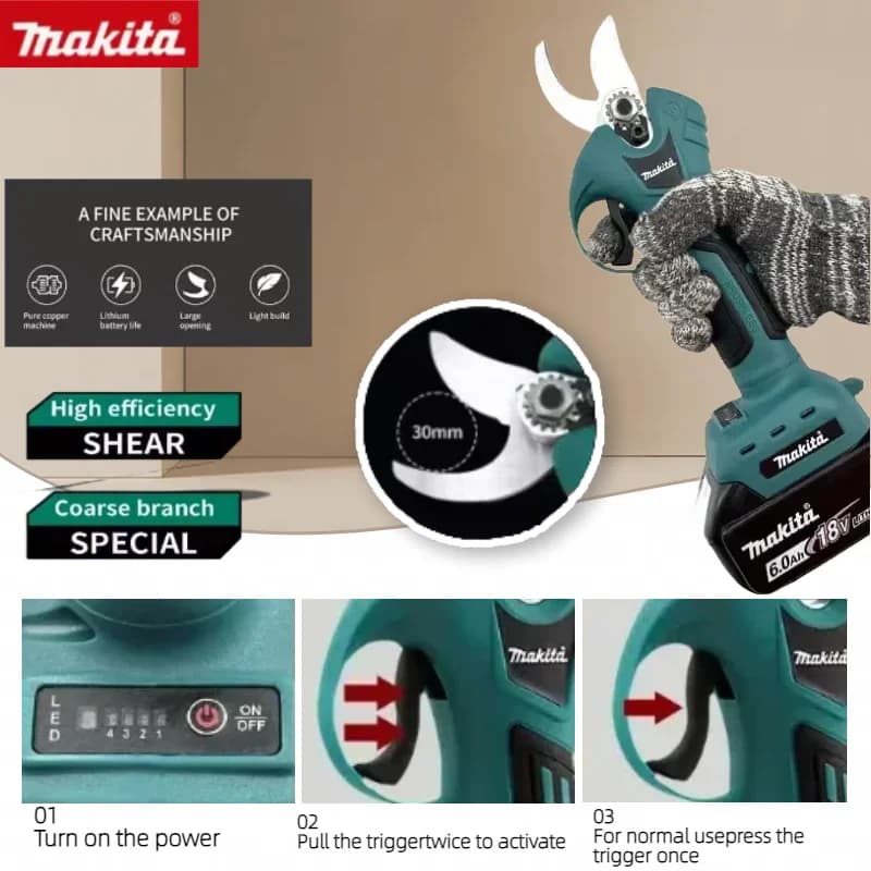 Forbici Elettriche Senza Fili Makita, Utensili Professionali per Giardinaggio, Compatibili con Batteria Makita 18V