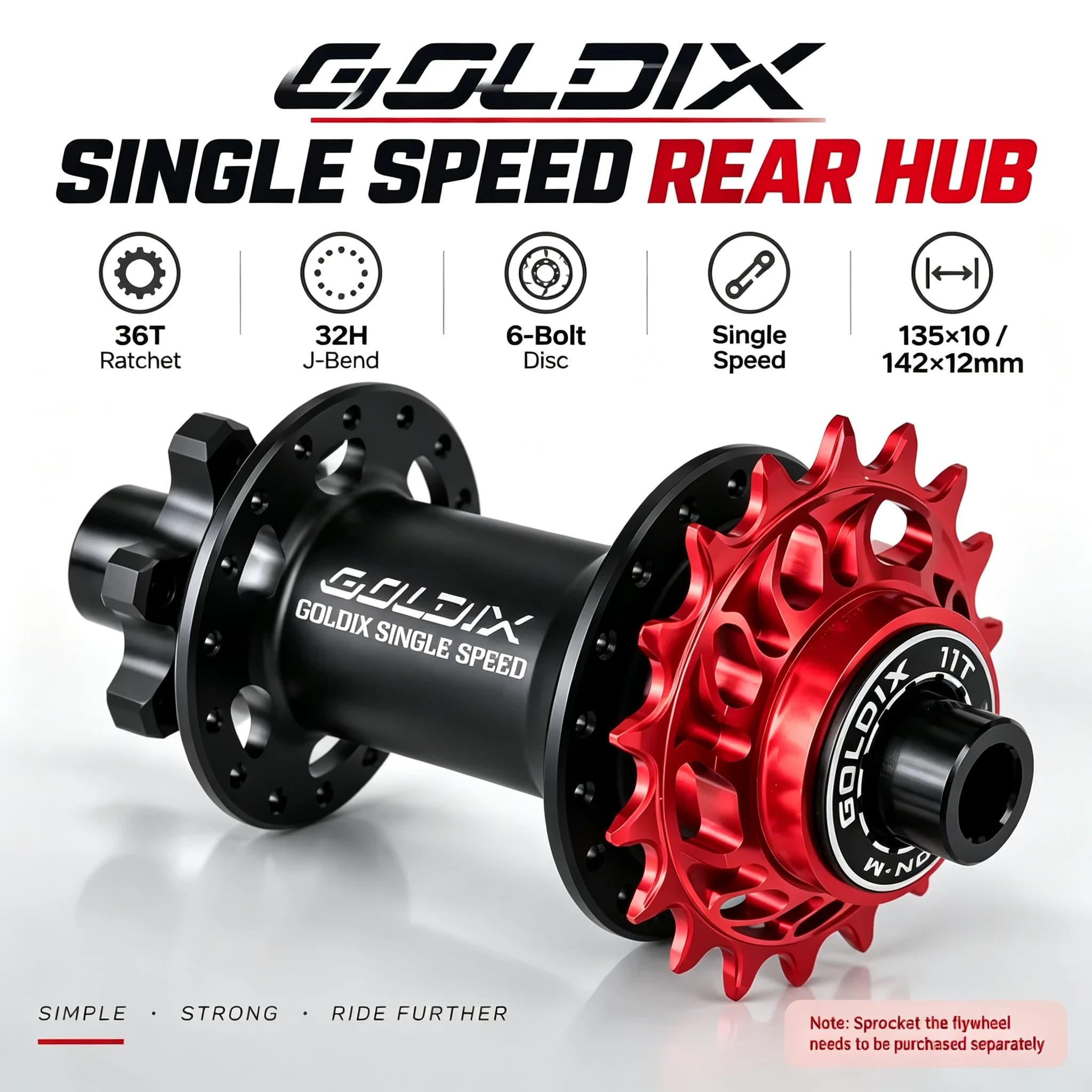 GOLDIX Dirt Jump Single Speed Rear Hub 32H 36T Ratchet CNC Aluminum 135x10 142x12mm J-Bend SS Bearing for Pump Track MTB Bicycle