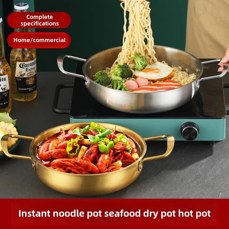 Korean Pot for Seafood in Stainless Steel - Double Handle Flat Bottom Panel for Frying Chicken, Shrimp and Copper, Style Golden Restaurant C