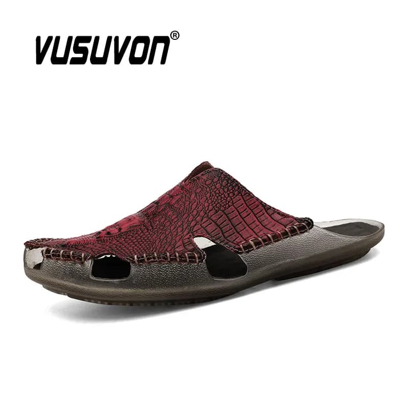 Men Slides Genuine Leather Slippers Loafers Casual Shoes Flats Keep Toe Beach Sandals Home Mules Black Shoes Soft
