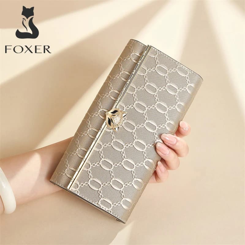 FOXER 2026 Women's Long Wallet Fashion Clutch Bag Split Leather Simple Card Holder Cellphone Bag Stylish Clutch Purse Coin Purse