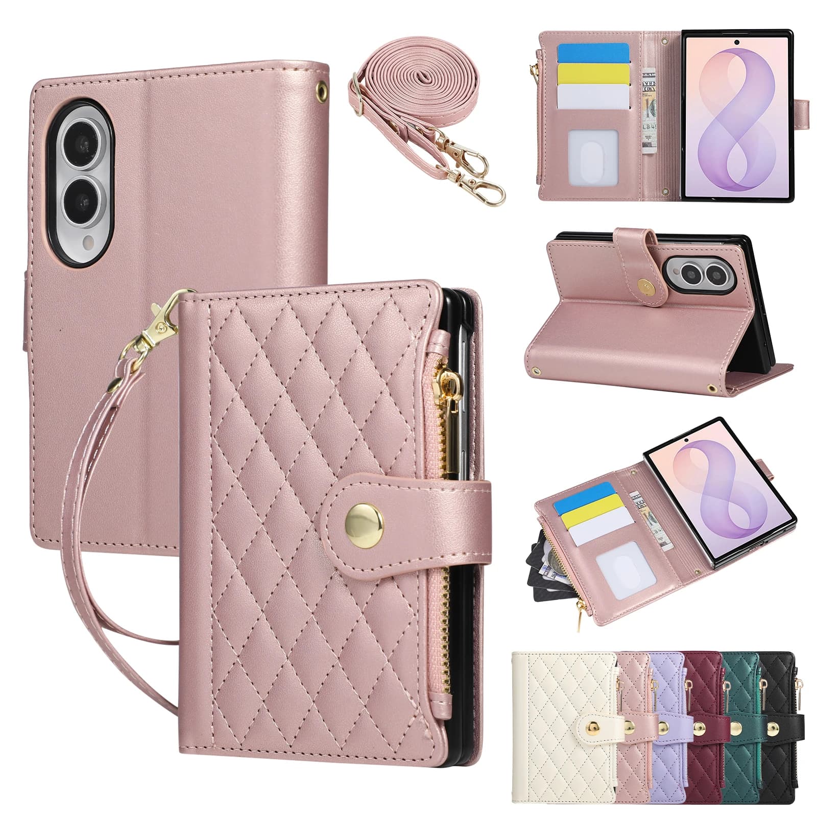 Crossbody Long Lanyard Zipper Cards Solt Wallet Flip Leather Case for Samsung Galaxy Z Fold8 Fold 8 Wide Shockproof Stand Cover