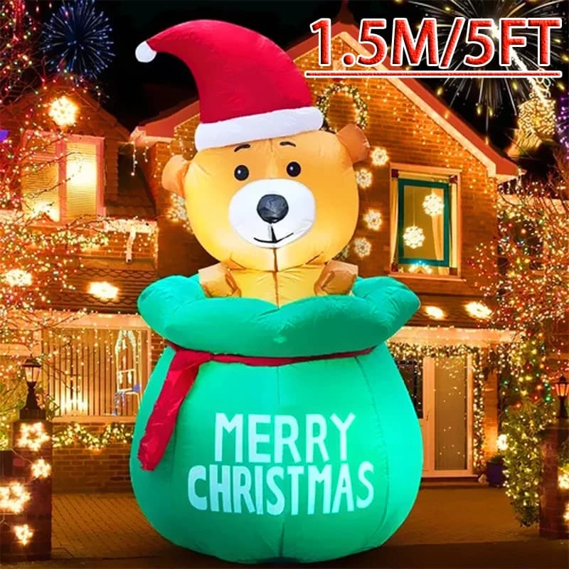 5FT Christmas Inflatable Decoration Bag Bear with LED Lights Air Inflated Model Outdoor Home Xmas Decor Festival Supplies Toys