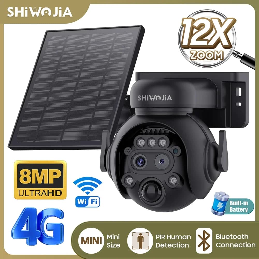 SHIWOJIA 12X Zoom 4G LTE Solar Security Camera 8MP Night Vision Dual-Lens WiFi External Solar Battery PIR Camera Human Detection