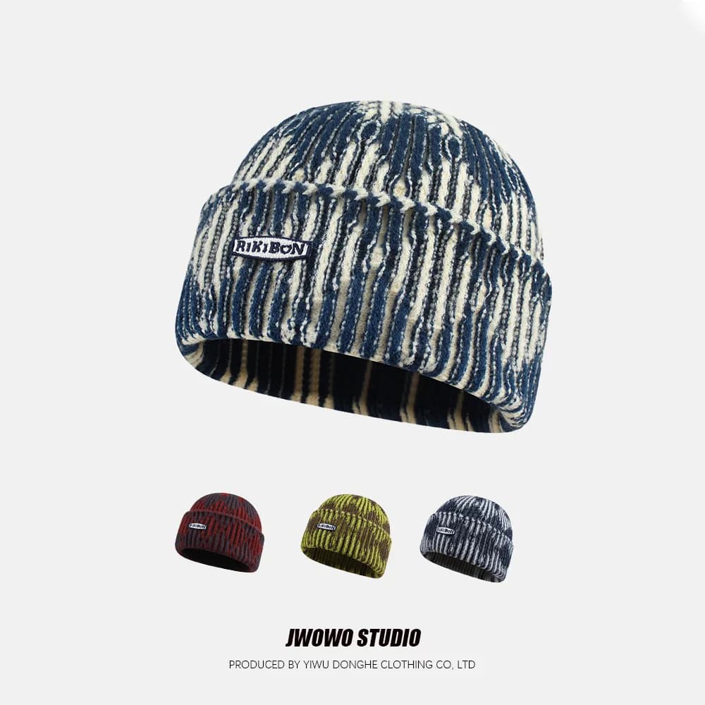 Fashion Tie-dyed Color-blocking Knitted Hat for Men Autumn Winter Warm Rolled-up Crochet Hat Ear-protecting Pullover Woolen Hat