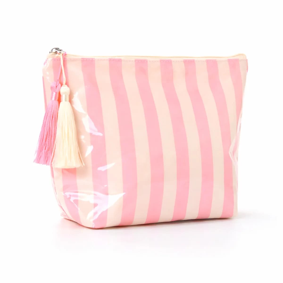 3 borse per il trucco da donna in PVC con stampa a righe, impermeabili, portatili, da viaggio, con nappa