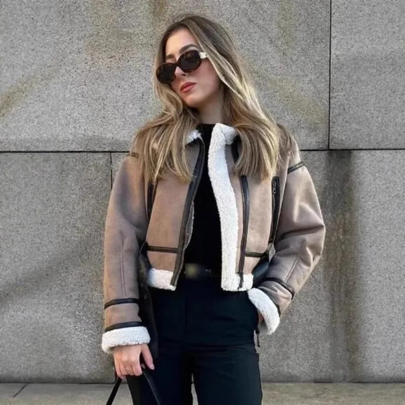 Spliced Short Jacket Coats 2026 New Autumn Thick Wool Long Sleeve Zipper Turn Down Collar Belt Decoration Female Fashion Women's