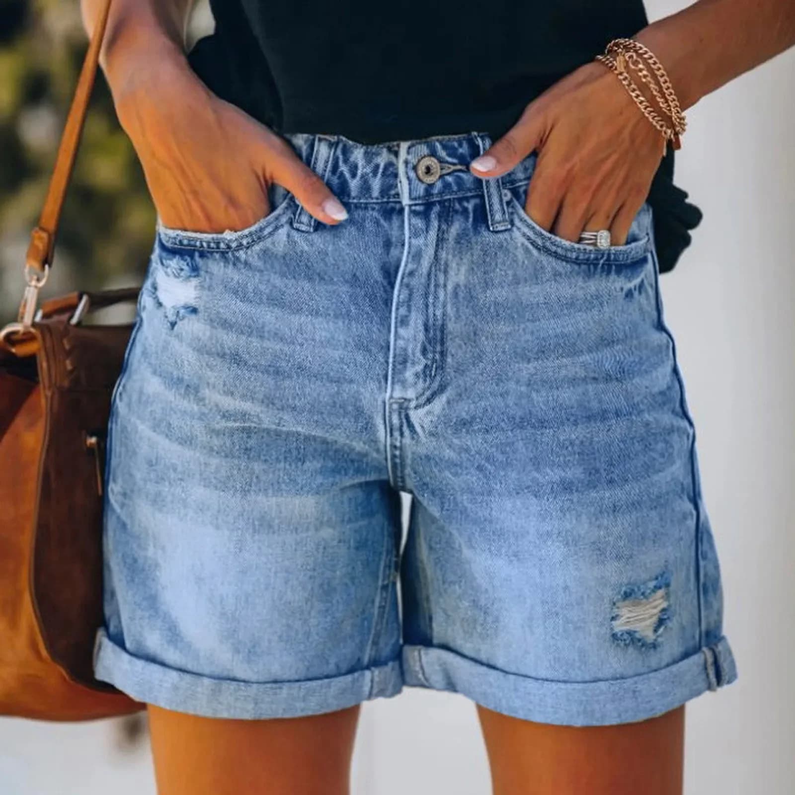 Pantaloncini di jeans elasticizzati skinny a vita alta con design a tasca strappata Pantaloni jeans caldi con orlo arricciato elasticizzato strappato casual da donna