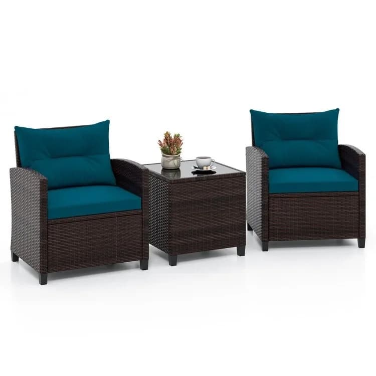 3Pcs Patio Rattan Furniture Set Coffee Table Outdoor Conversation Set W/ Cushion