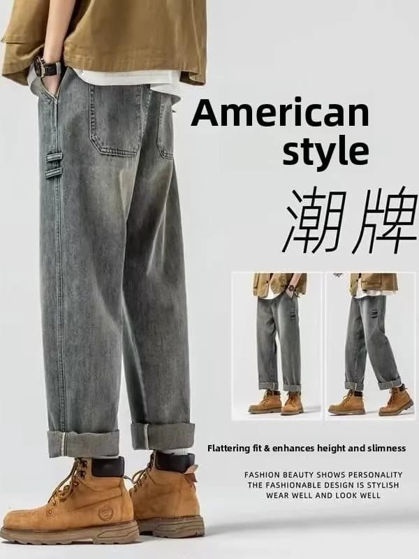Jeans da lavoro da uomo a gamba dritta, stile americano, effetto consumato, casual, alla moda, per giovani, pantaloni lunghi, primavera autunno, nuovo arrivo