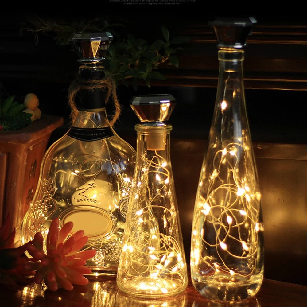 D2 6PCS 20 LED Filo di rame Fata Ghirlanda Luci della stringa Solare a forma di diamante Bottiglia di vino Luce IP65 Impermeabile Sughero Luce da giardino