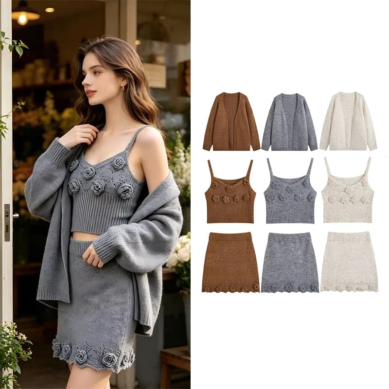 Guobioziy 2026 new women's 3-piece knitted floral set (cardigan, camisole, mini skirt) slim fit with a soft touch