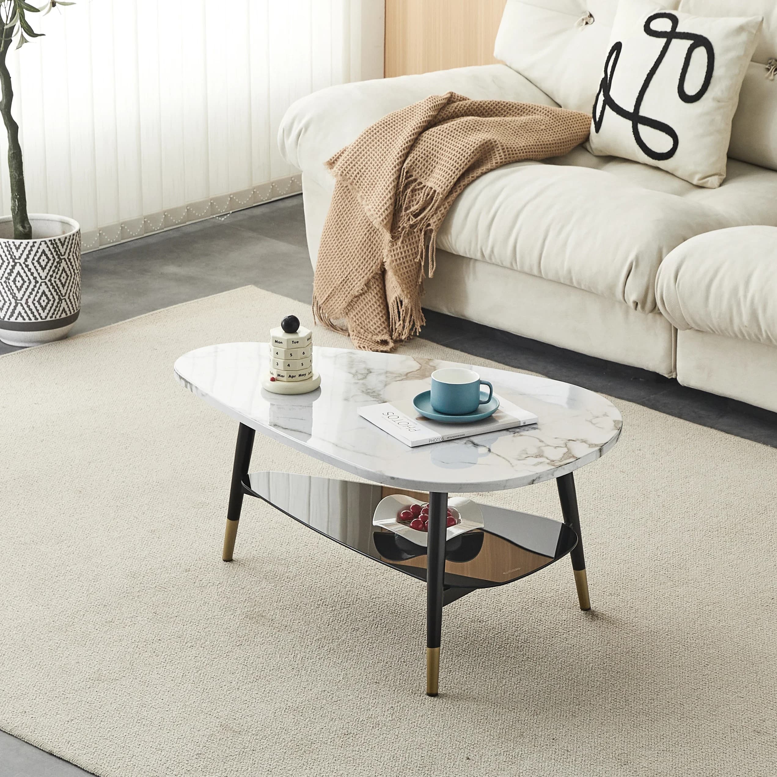 -Modern Luxury Coffee Table Sets 2 layers Glass Coffee Table oval center Tables with Golden Metal Legs Living Room Furniture