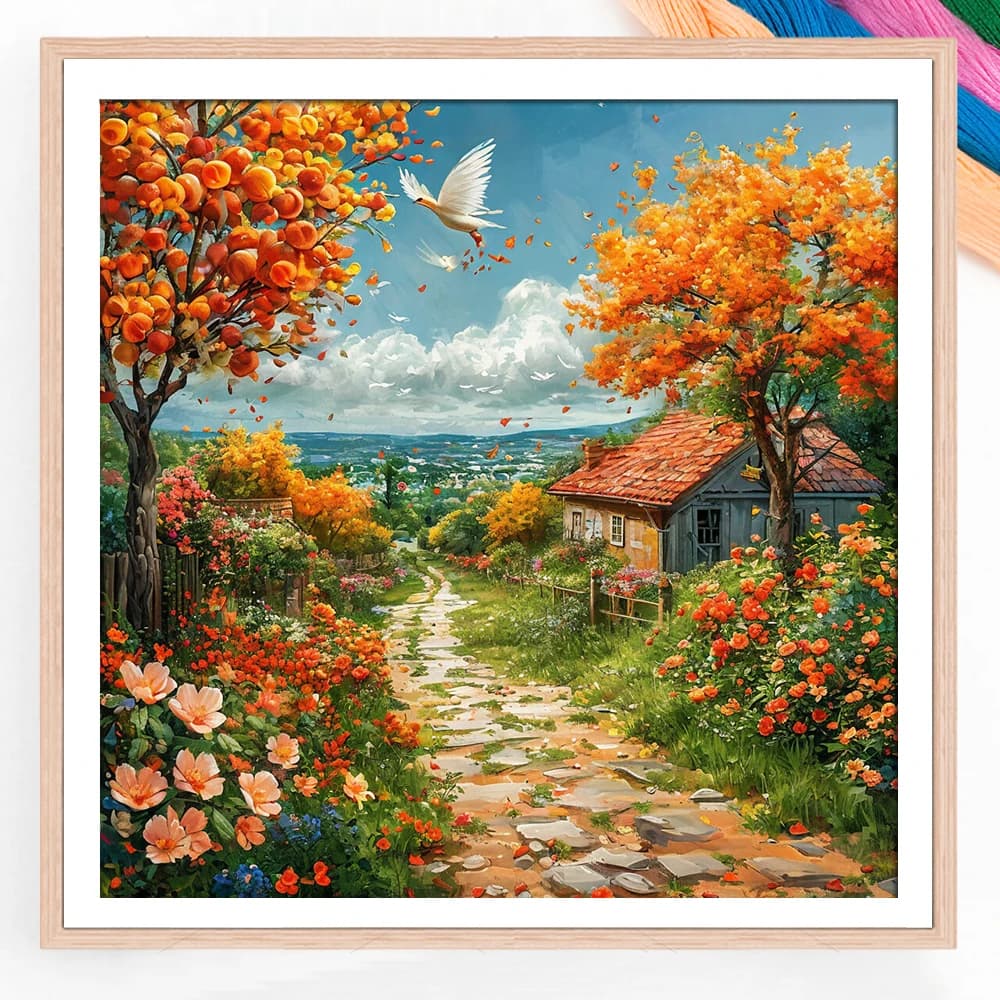 Cross Stitch Fruit Tree Country Stone Path Embroidery Landscape Printed Canvas 11CT Thread Needlework DIY Gift Home Decor