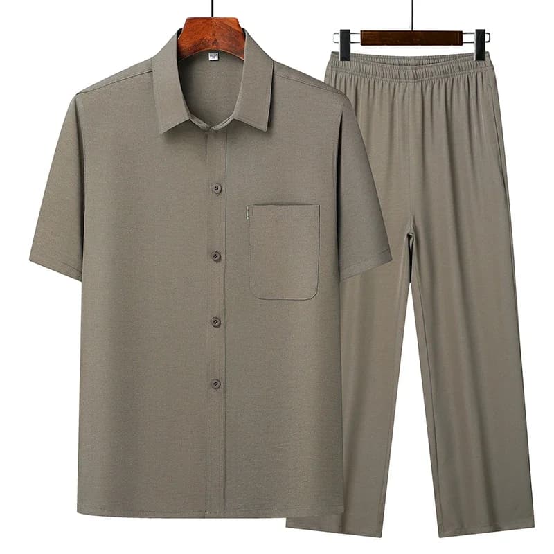 (Top + pantaloni) Summer Leisure All Match Middle-aged and Old Dad Men Fashion Trend nonno Set di camicie a mezza manica con risvolto allentato
