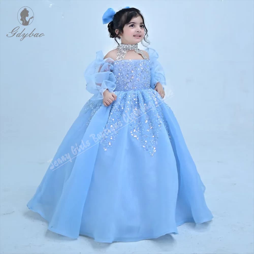 Abito da ragazza di fiore personalizzato con maniche morbide, stile lungo, adatto per matrimoni, feste di compleanno per bambini, banchetti