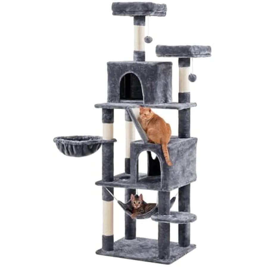 Albero per Gatti da Interno 181 cm, Grigio Scuro, con 2 Cucce Accoglienti, 2 Posti Imbottiti, Tiragraffi, Rampa e Amaca