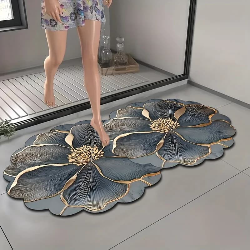 VIKAMA Floral Luxury Rug Deep Blue with Gold Thread Petals Non-Slip Water-Absorbent Nordic Modern Style Full-Cover Decor