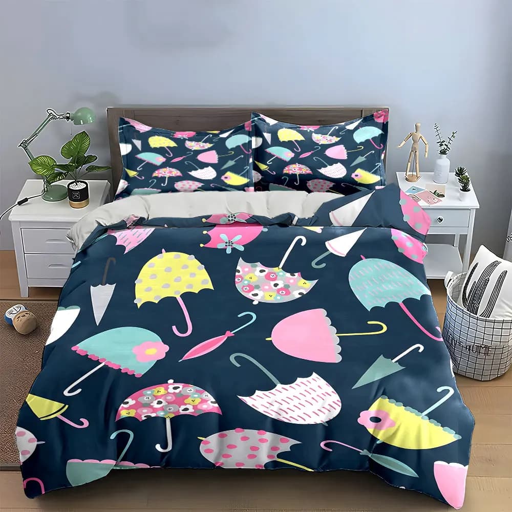Set di biancheria da letto con motivo a ombrelli colorati, con 1 copripiumino e 2 federe, singolo, matrimoniale, king size, queen size, idea regalo