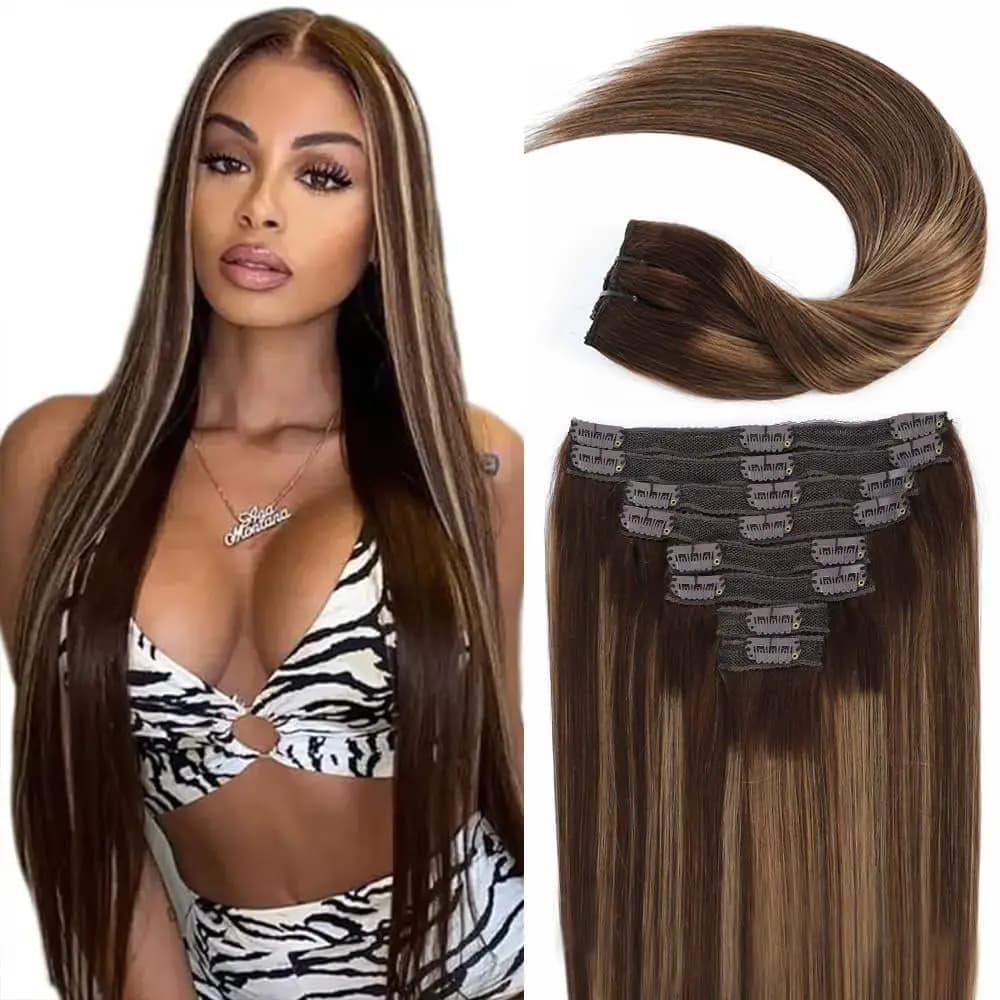 8 pezzi P4/27 evidenziare clip di capelli lisci nelle estensioni dei capelli capelli umani 100% capelli umani vergini brasiliani non trattati
