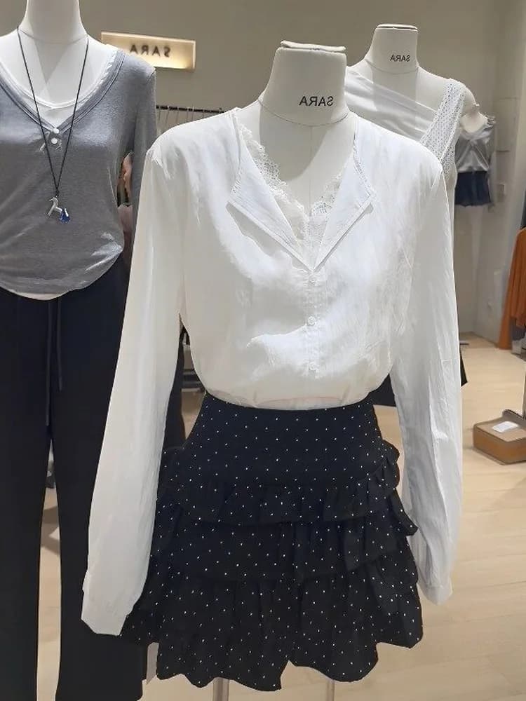 Elegant White Lace Splice Long Sleeve V-Neck Women's Shirt Spring Fashion Casual Loose Fit Breathable Comfortable Top
