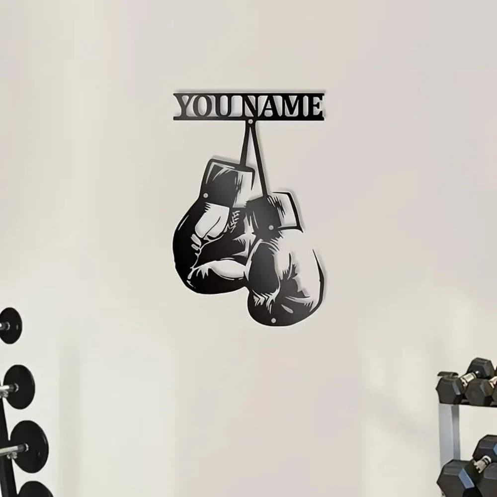 Arte Murale in Metallo Personalizzata con Guantoni da Boxe - Nome del Pugile Personalizzato, Decorazione per Palestra con Testo in Corsivo - Per Centri di Allenamento Boxe, Ufficio Domestico
