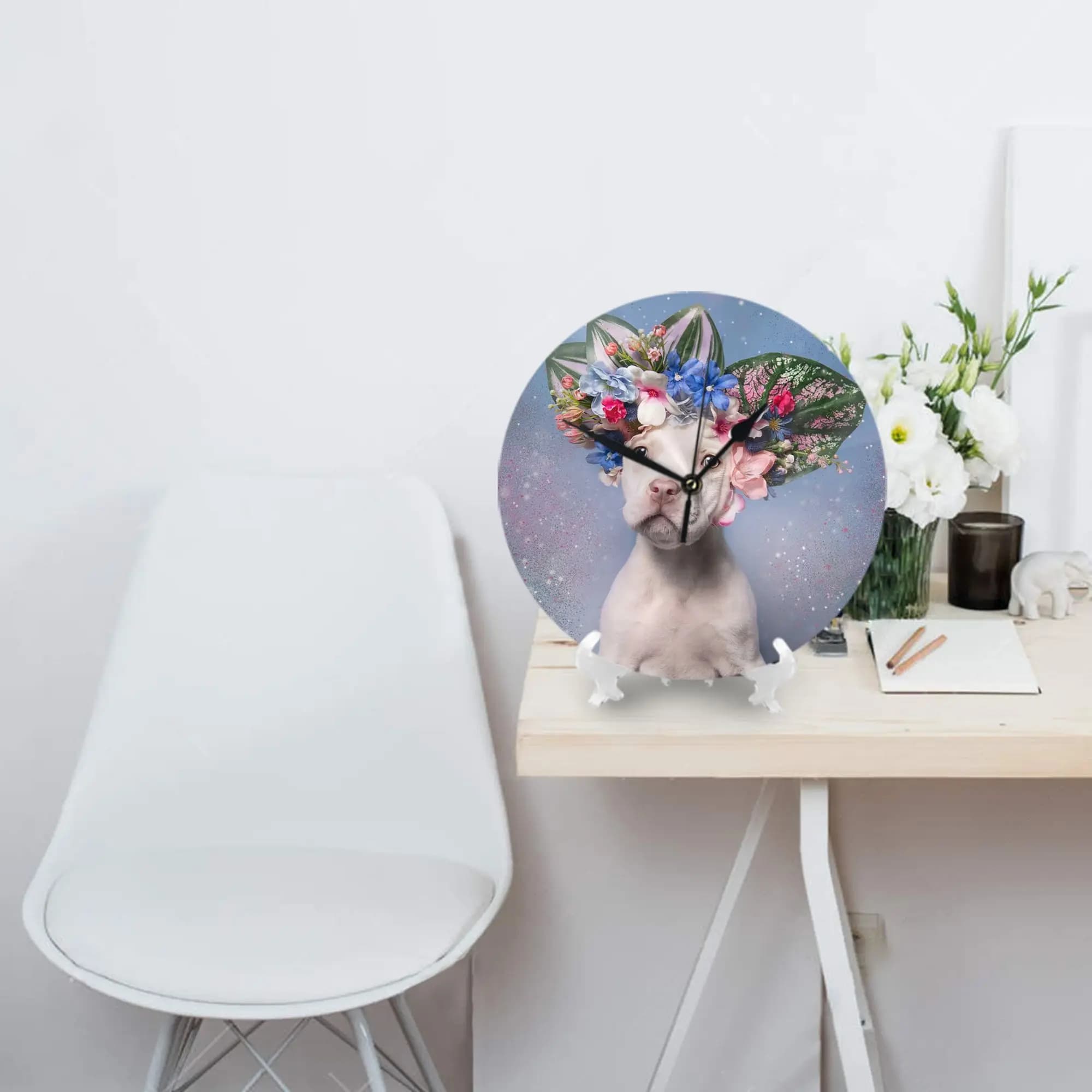 Pit Bull Flower Power, orologio da parete Apollo Decorazione della stanza Orologio rotondo silenzioso per camera da letto, soggiorno, cucina, casa