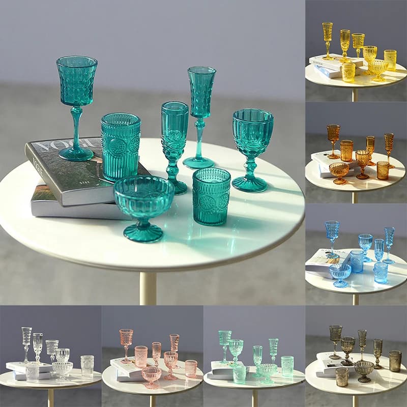 7 pezzi 1:6 casa delle bambole in miniatura tazza d'acqua intagliata bicchiere di vino modello di vetro da champagne mobili da cucina arredamento accessori per casa delle bambole