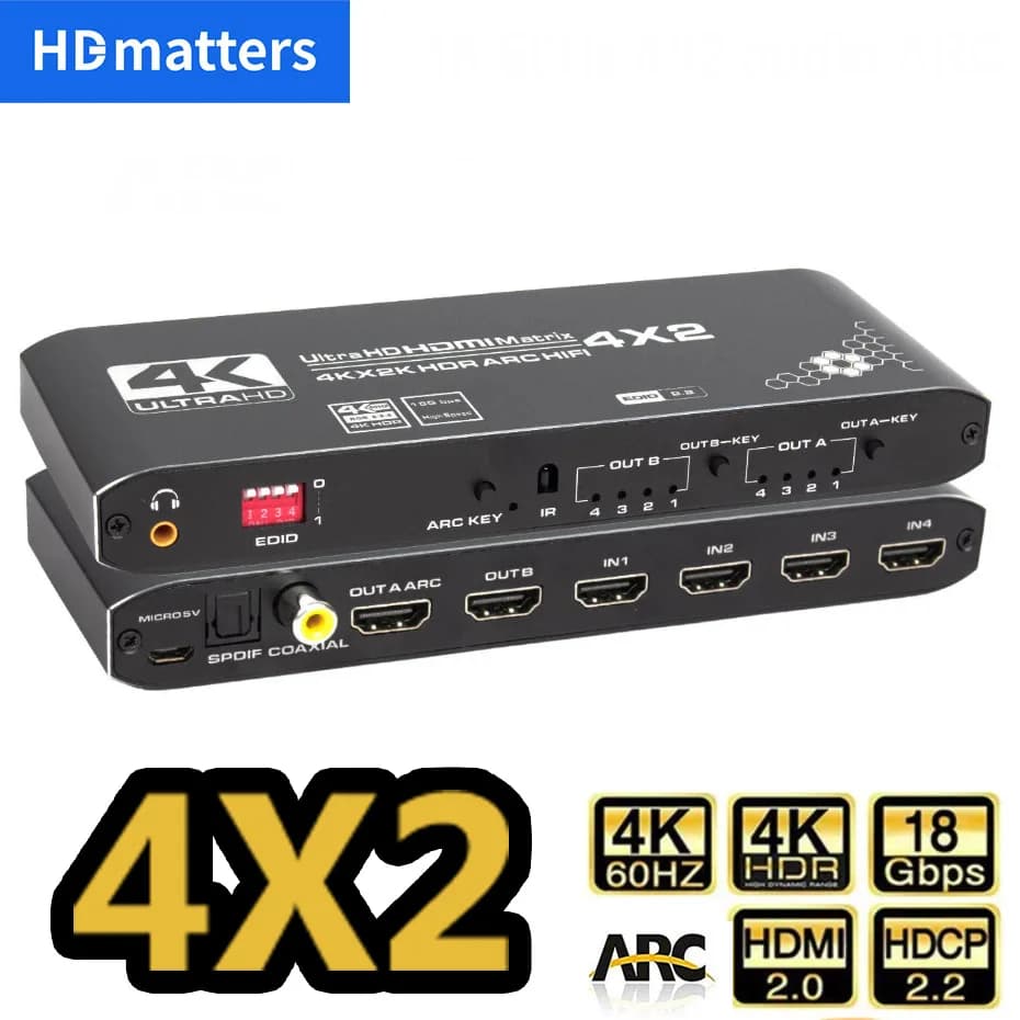 4K 60Hz HDMI Matrix 4x2 con uscita audio ottica e stereo da 3,5 mm Switcher a matrice HDMI Splitter 4 ingressi 2 uscite Supporto ARC HDCP 2.2 EDID