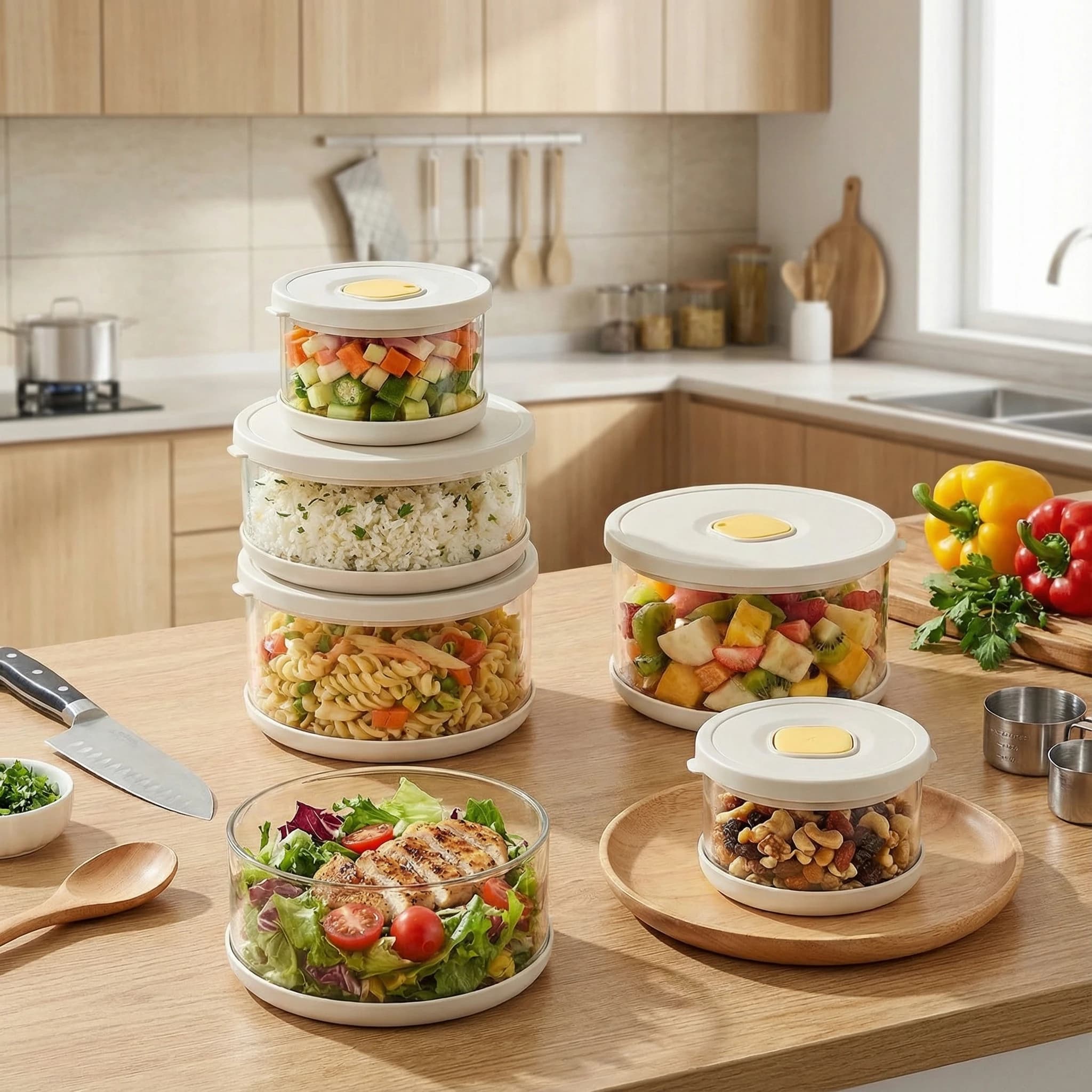 Contenitore in Vetro per Alimenti, Ermetico e Leggero, per Riso Congelato, Insalata, con Coperchio Antiperdita, Contenitori per Preparazione Pasti
