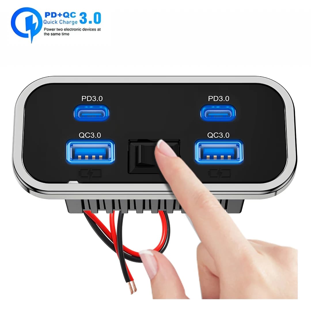 PD3.0 Type-C Fast charger and QC3.0 4 Door Car Charger Adapter Adapter for Car Wall Mount Bus RV Truck