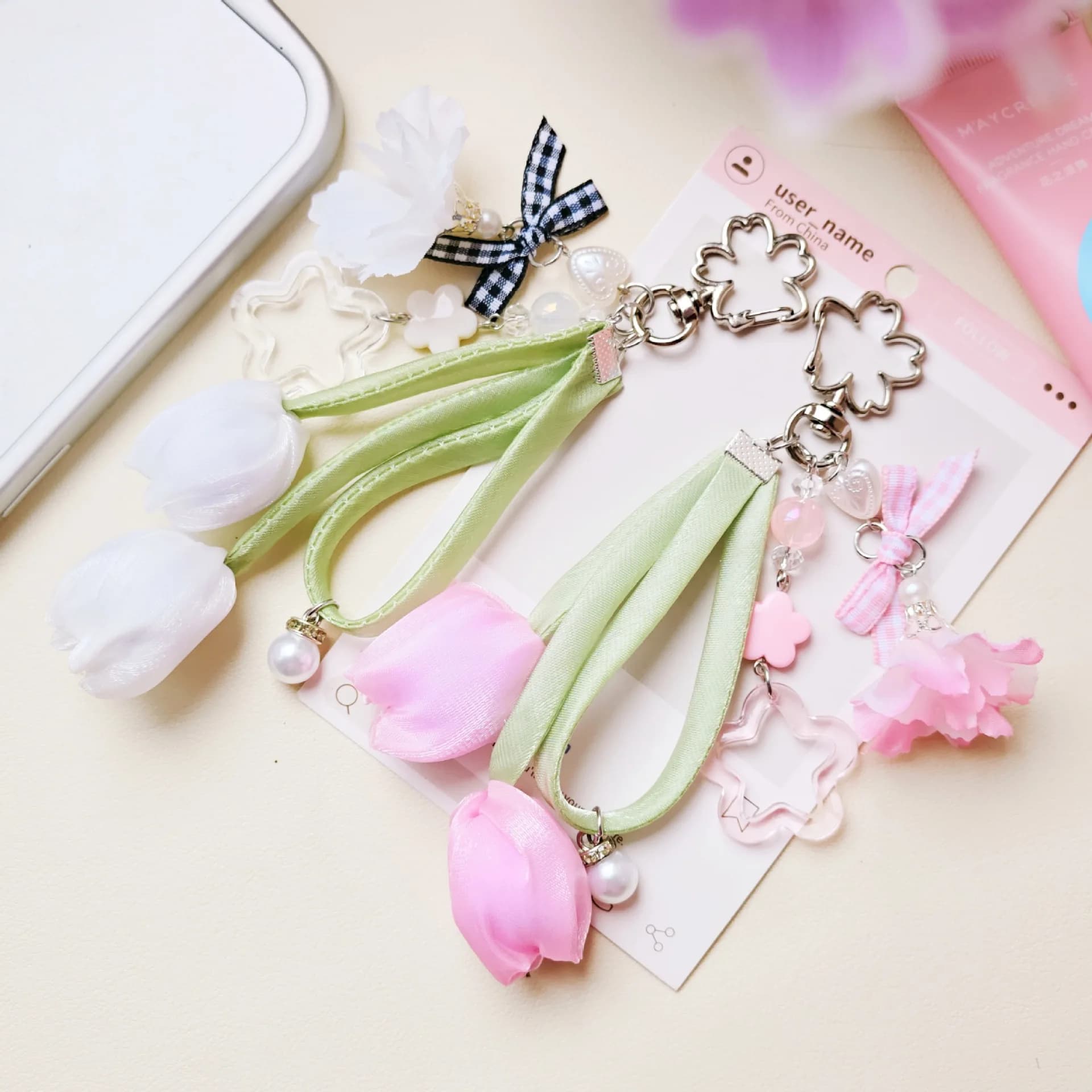 Fabric Tulip Floral Phone Chamrs for Women Y2K Pink Universal Handbag Mobile Phone Pendant Accessory Anti-lost Strap