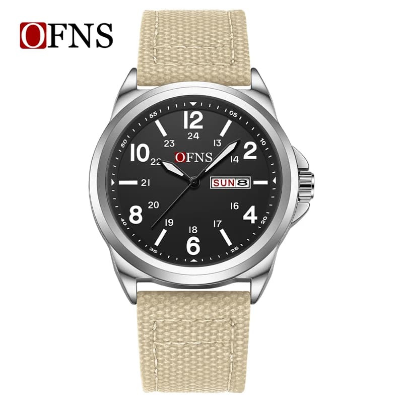 OFNS 7223 Casual Men's Quartz Watch Calendar Luminous Hands Leather Strap 30M Waterproof Watches for Man reloj hombre