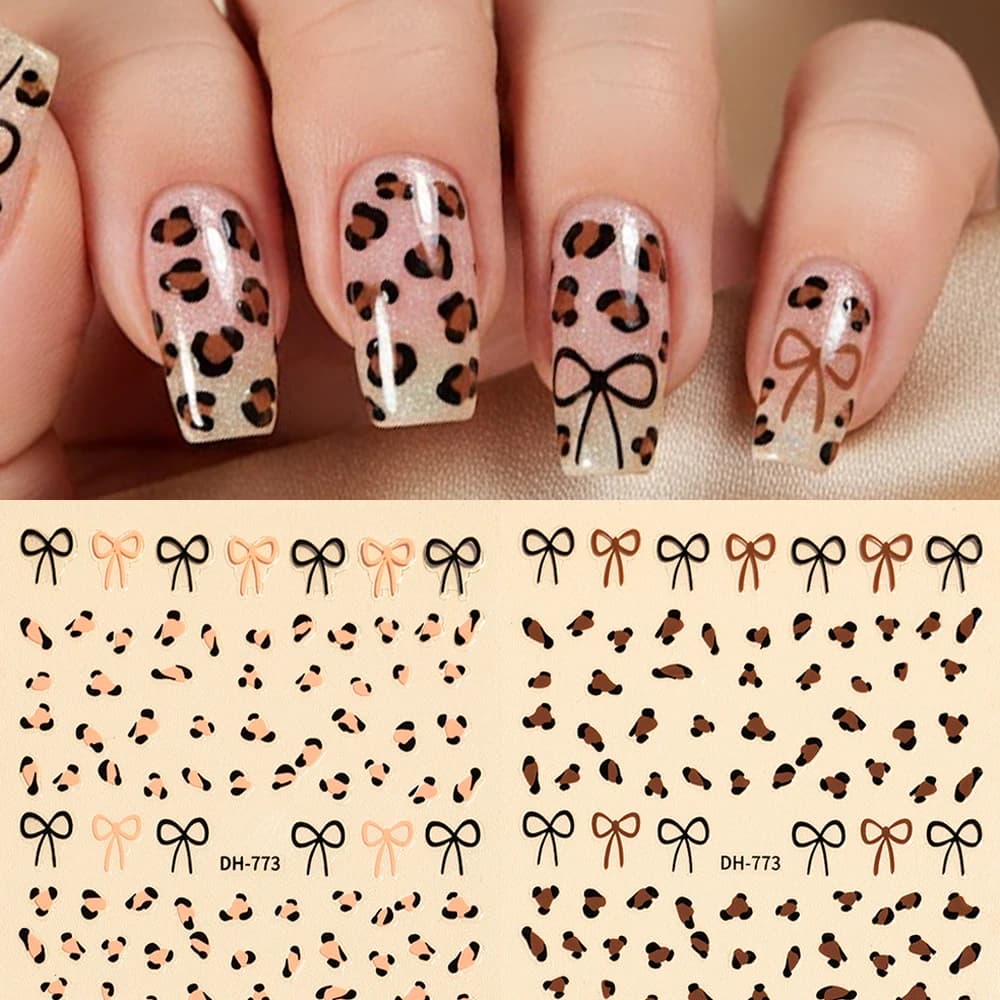 2pcs Cute Leopard Bow Tie 3D Nail Art Stickers Coffee Pink Leopard Print Lovely Nail Decals DIY Manicure Accessories Stickers
