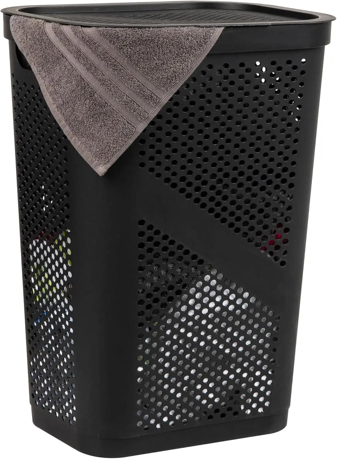 Mind Reader Slim Laundry Hamper with Lid, 60L Clothes Basket, Ventilated Plastic, Black