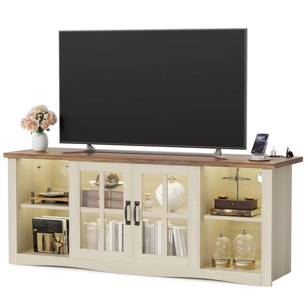 Mobile TV in stile rustico, mobile TV da 58 pollici per soggiorno con ante in vetro, hub USB per ricarica rapida e luci LED regolabili, mobile TV rustico