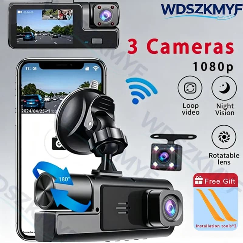 Dash Cam WiFi per Auto con 2/3 Telecamere, Registratore Video FHD 1080P, Visione Notturna, DVR a 3 Canali per Sicurezza Veicolare