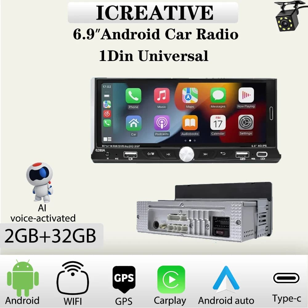 Autoradio 1Din Android 6.9 ''lettore multimediale HD Universal Carplay Wireless Mirror Link Smart Autoradio DPS navigazione Wifi GPS