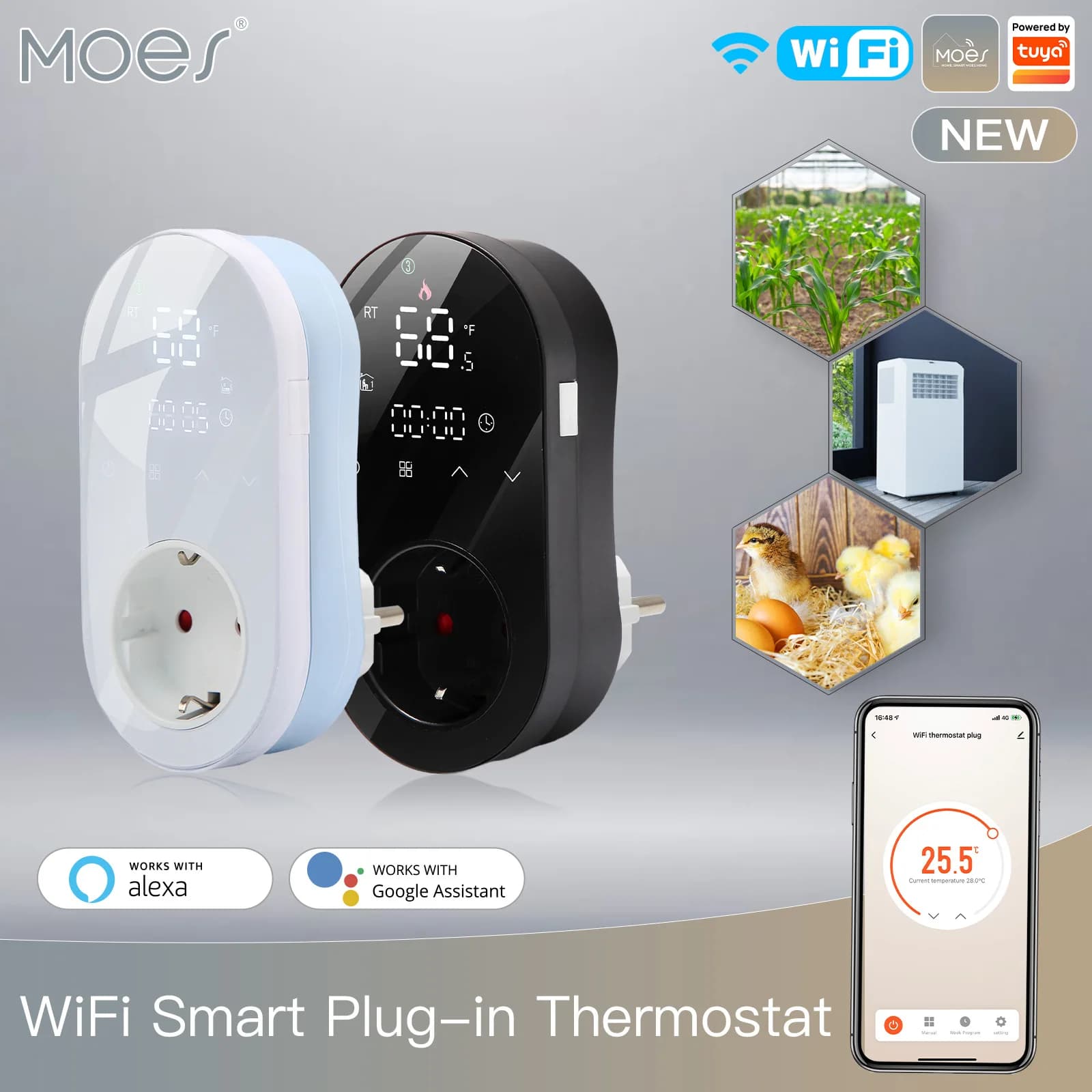 Intelligent WiFi TUYA socket with 16A LED Temperature Control for Incubation and Breeding, Energy Saving Temperature Clamp