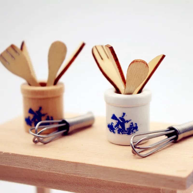 Set di Utensili da Cucina in Miniatura per Casa delle Bambole, Spatola in Legno, Coltello, Forchetta, Frusta, Barattolo, Mini Mobili, Accessorio per Fotografia, Giocattolo