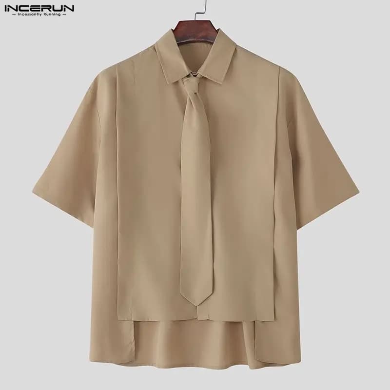INCERUN Camicia Irregolare Da Uomo Solido Risvolto Manica Corta Allentato Abbigliamento Da Uomo Con Cravatta Streetwear 2025 Stile Coreano Moda Camicie Da Uomo