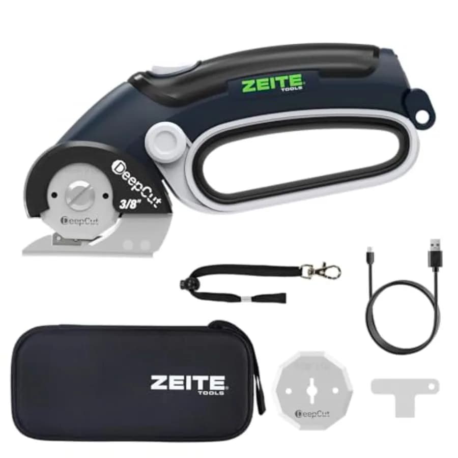 ZEITE Deepcut Taglierina Elettrica per Cartone da 3/8'', Forbici Senza Fili con Luce LED, Scatola di Stoccaggio, Potente Taglierina Rotante Ricaricabile