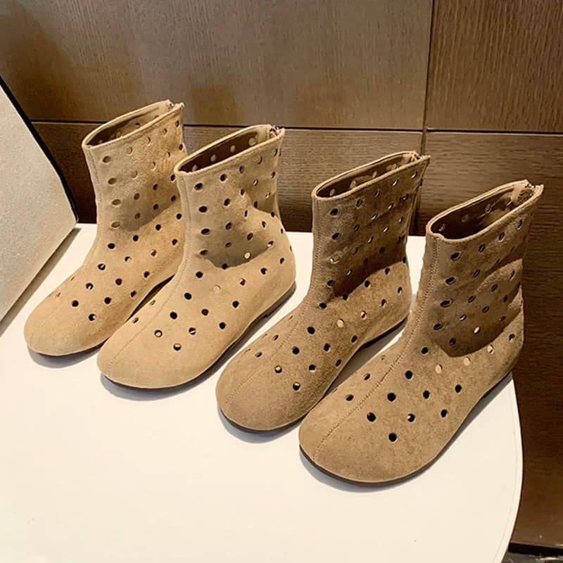 Stivaletti da Donna con Punta Rotonda e Trafori, Suola Piatta in Finta Pelle Scamosciata, Traspiranti, con Cerniera Posteriore, Sandali Casual Estivi